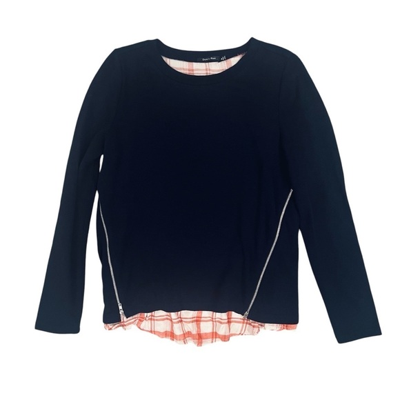 Doe and Rae Sm Navy long sleeve sweater w/ side zippers and red plaid underlay - Picture 1 of 12